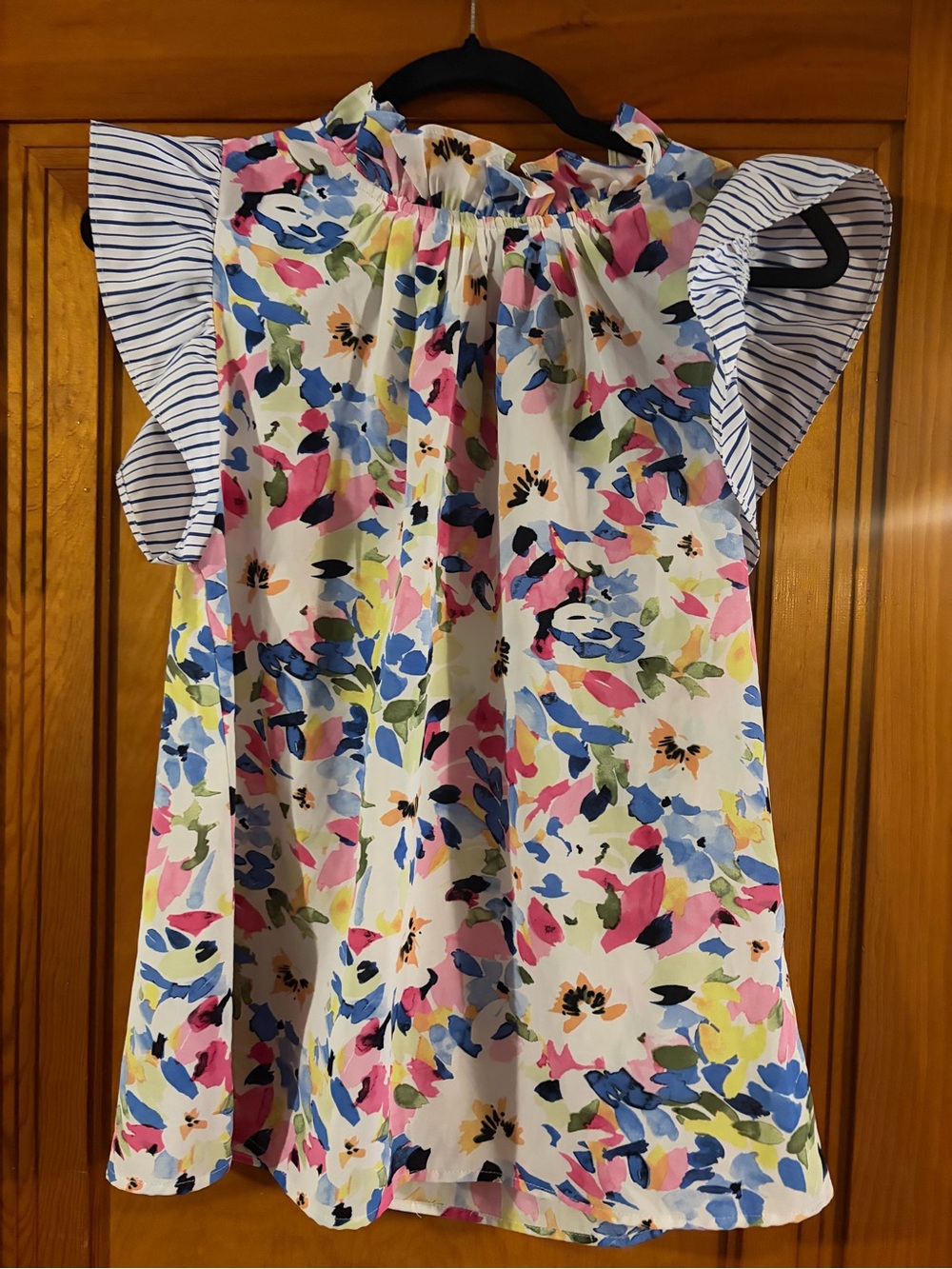 JODIFL White Floral Ruffle Sleeve Top with Pink, Blue, Yellow Accents